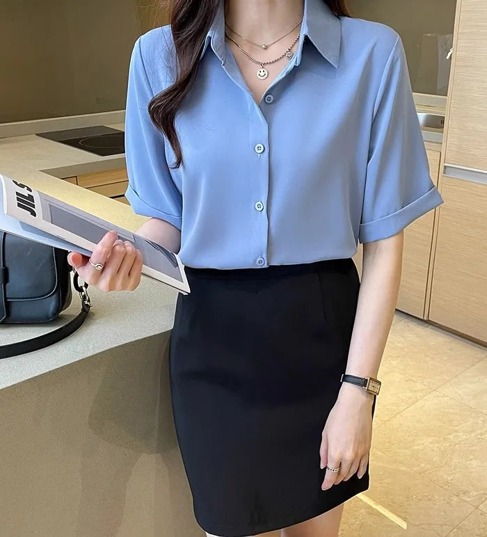Women's Summer Short Sleeve V-Neck Chiffon Blouse Loose Fit Casual Office Pullover Shirt