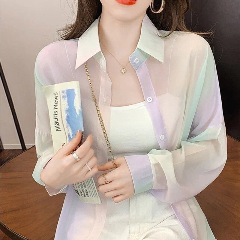 Irregular Gradient Rainbow Color Sheer Turn-Down Collar Long Sleeve Loose Fit Women's Casual Blouse Top