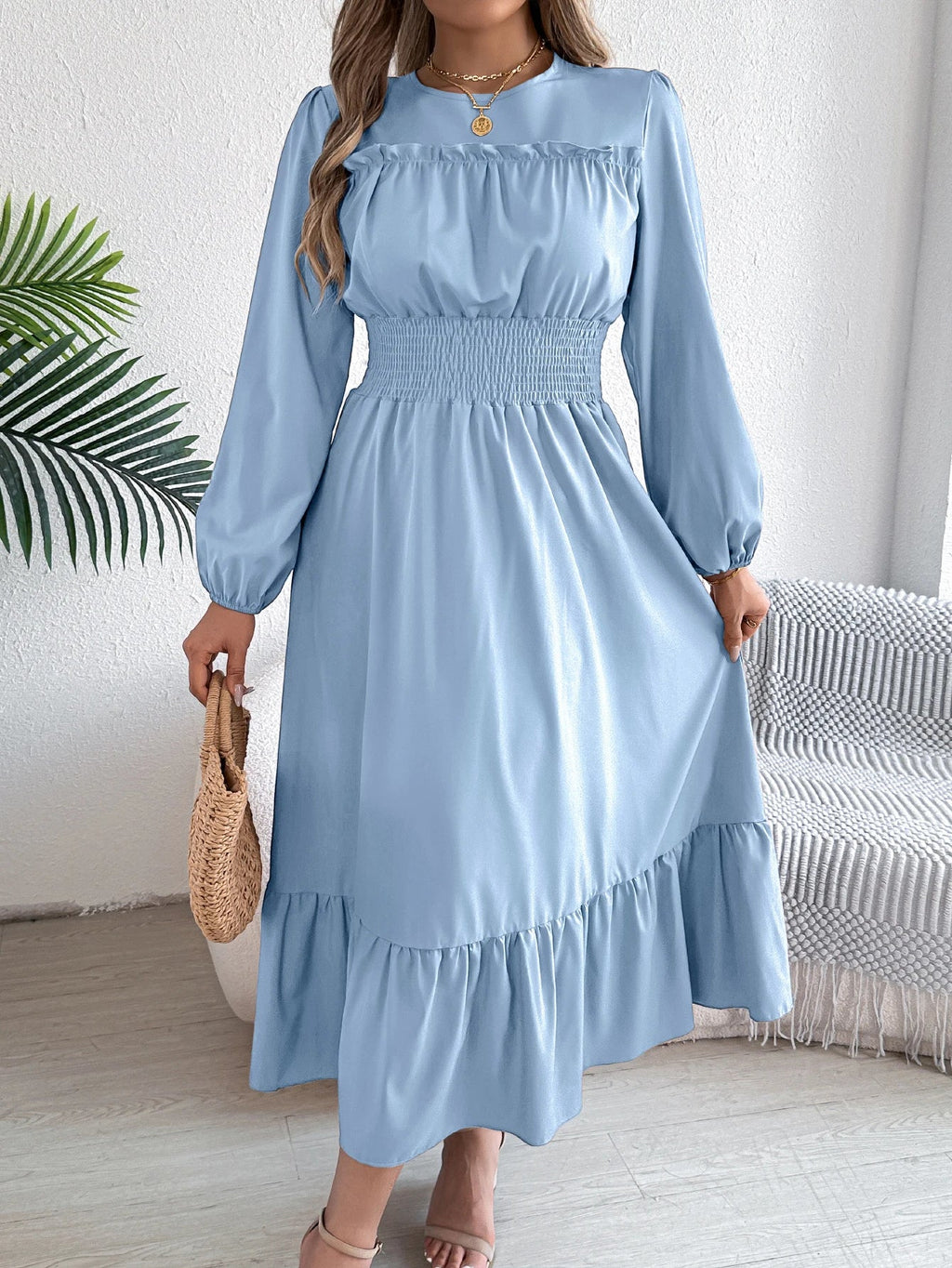 Elegant Long Sleeve Dress With Cinched Waist Solid Color