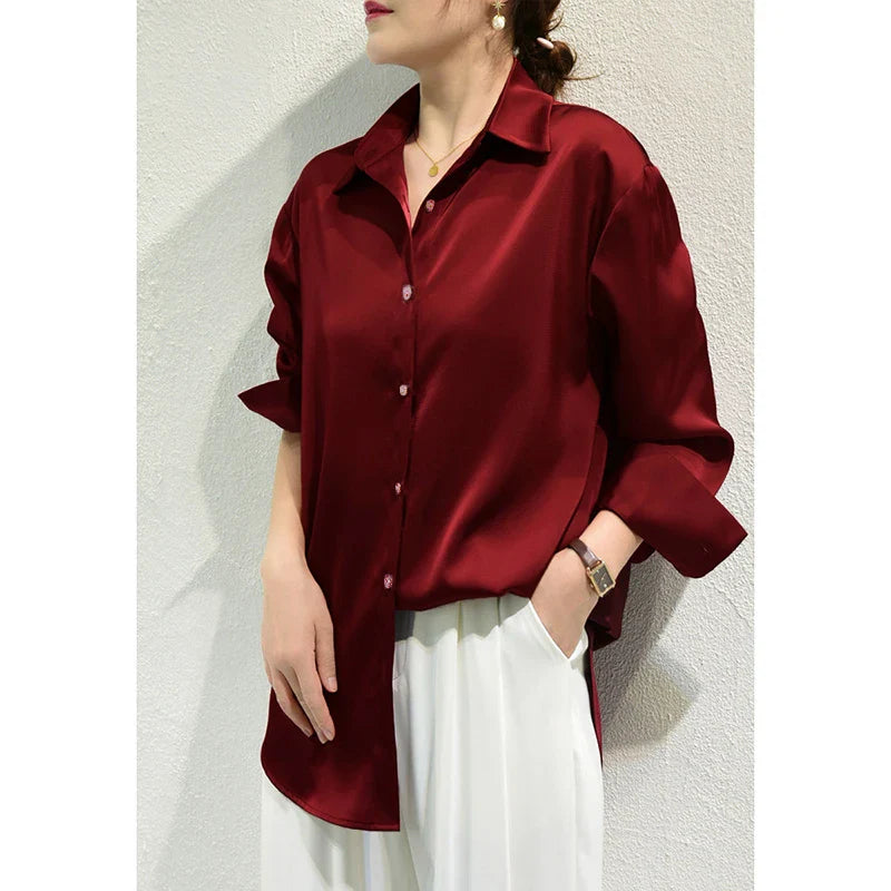 Satin Finish All-Match Blouse for Women Long Sleeve Casual Elegant Button Down Shirt Solid Color French Style Office Top