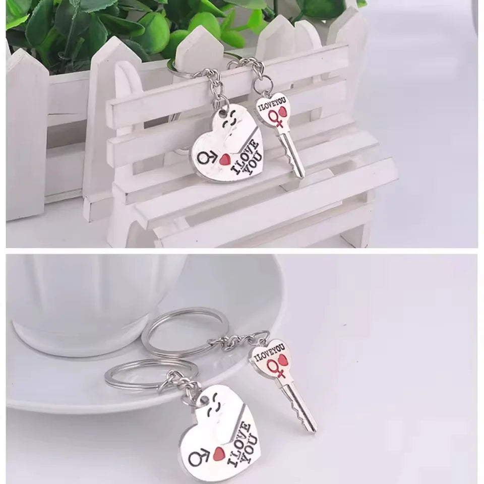 Metal Couple Heart Keychain Zinc Alloy Silvery Plated Creative Key Ring Lovers Gift