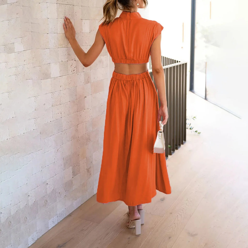 Solid Color High Waist Maxi Dress Sleeveless With Pockets