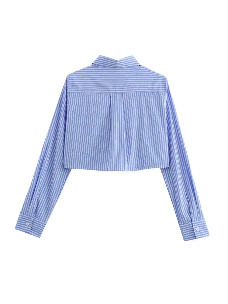 Women's Chic Striped Crop Shirt Long Sleeve Button-Up Blouse with Pockets Casual Fashion Top