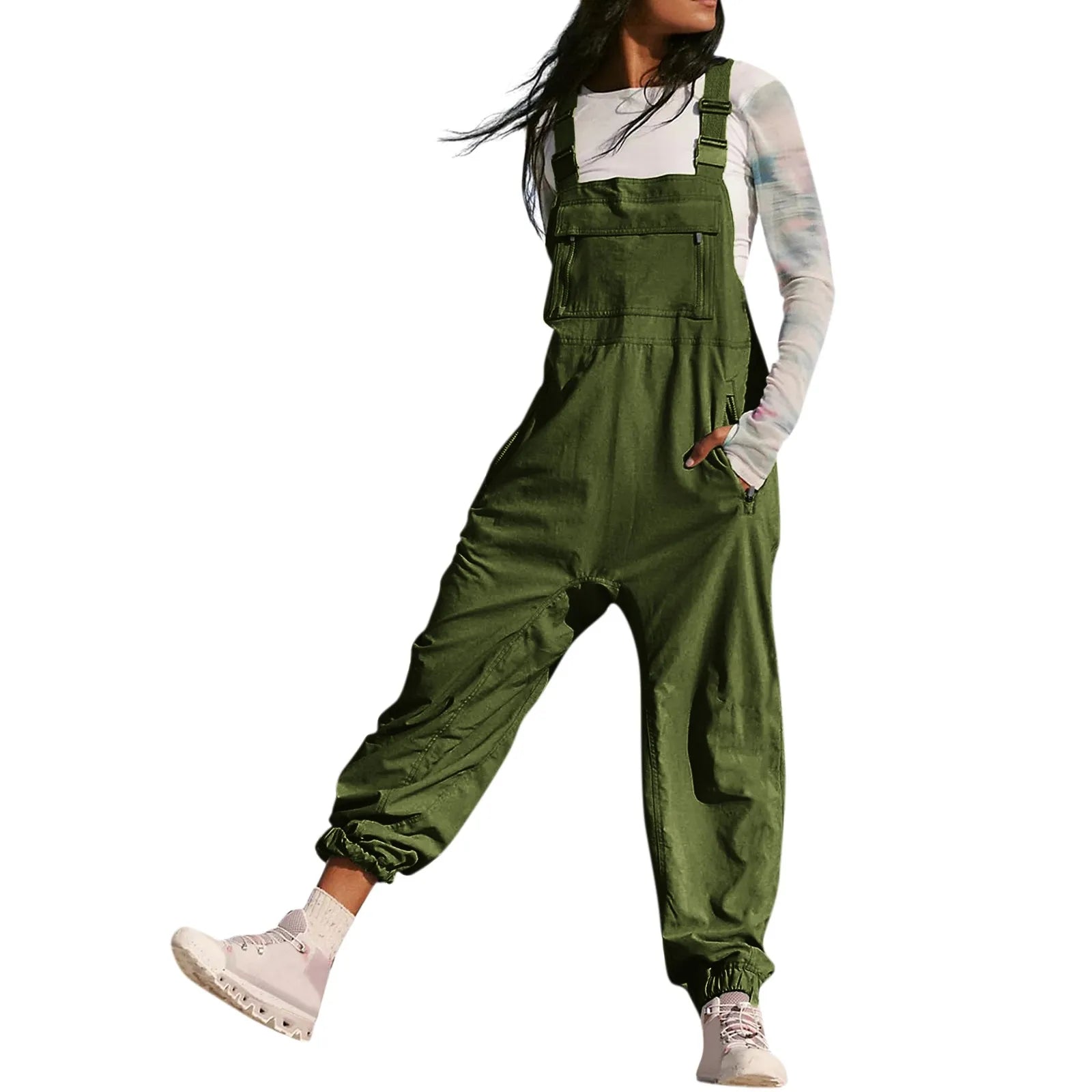 Women's Summer Casual Loose Wide Leg Jumpsuit with Adjustable Straps Pockets and Retro Button Detail Solid Color Sleeveless Overalls