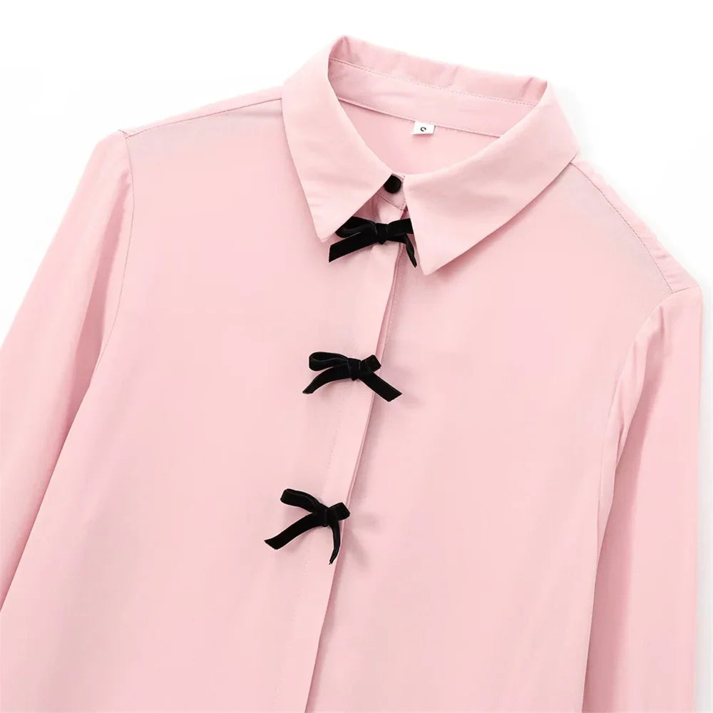 Velvet Bow Accent Single Breasted Flip Collar Long Sleeve Casual Shirt for Women