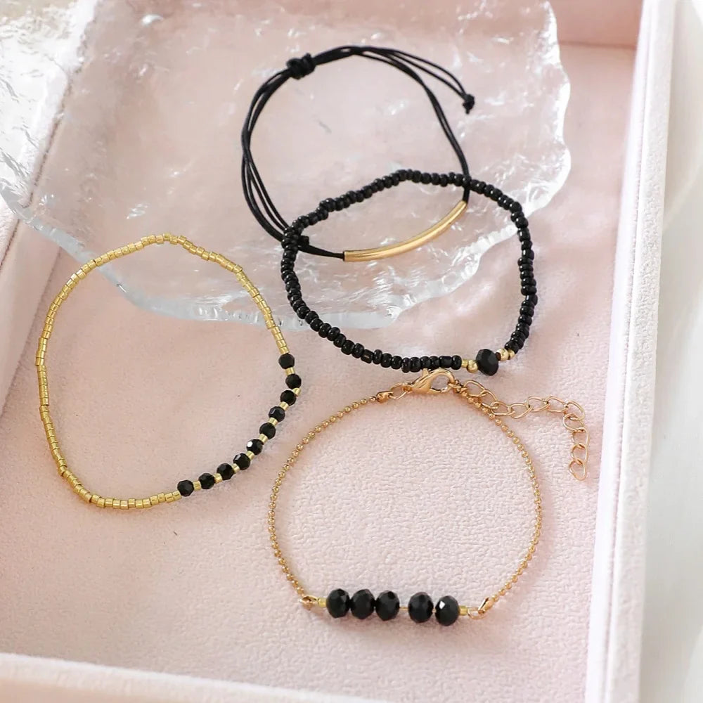 4Pcs Set Black Glass Stone Bracelets for Women Trendy Boho Handmade Jewelry Accessories
