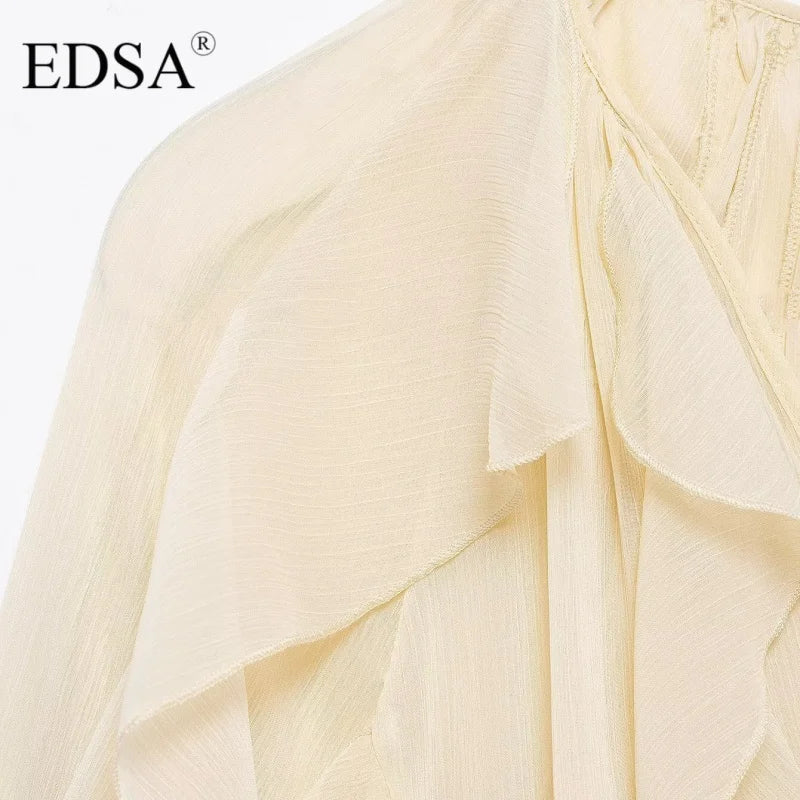 Semi-Sheer Ruffle V-Neck Blouse for Women Long Sleeve Button-Up Lightweight Spring Summer Top