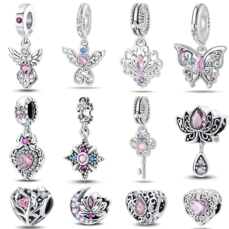 Silver Plated Lotus Guardian Angel Heart-Shaped Zircon Charms Beads for DIY Jewelry and 925 Bracelets