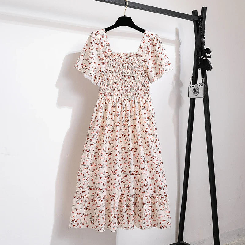 Floral Chiffon Midi Dress Printed For Women Short Sleeve