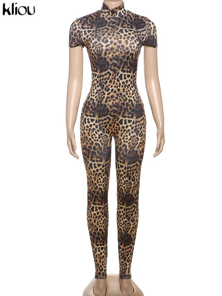 Sexy Printed Slim Fit Jumpsuit with Back Hollow Detail Full Sleeve Stand Collar Overalls for Midnight Party and Clubwear