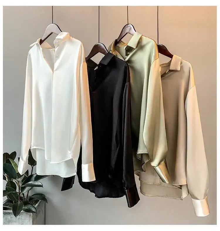 Long Sleeve Satin Shirt for Women Draped Retro Style Sun-Proof Lightweight Blouse Perfect for Spring and Summer All-Matching Fashion Top