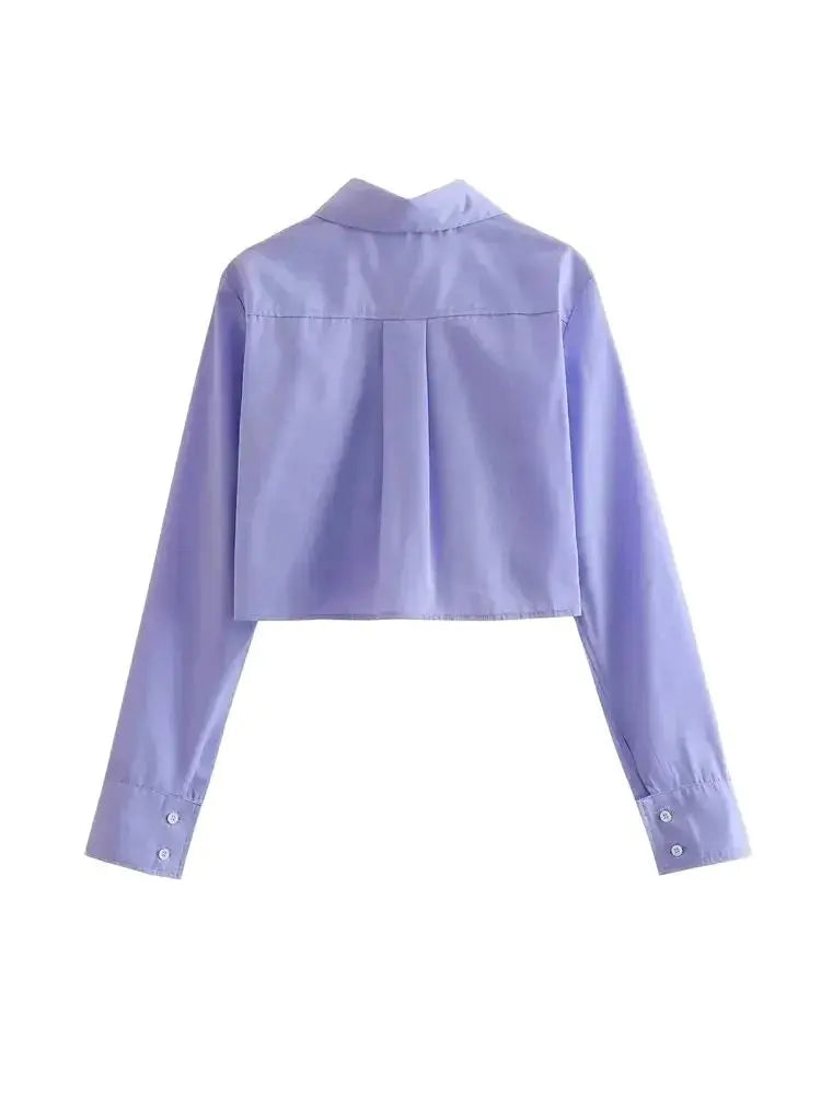 Women's Vintage Loose Cropped Shirt Long Sleeve Front Button Blouse Chic Casual Top