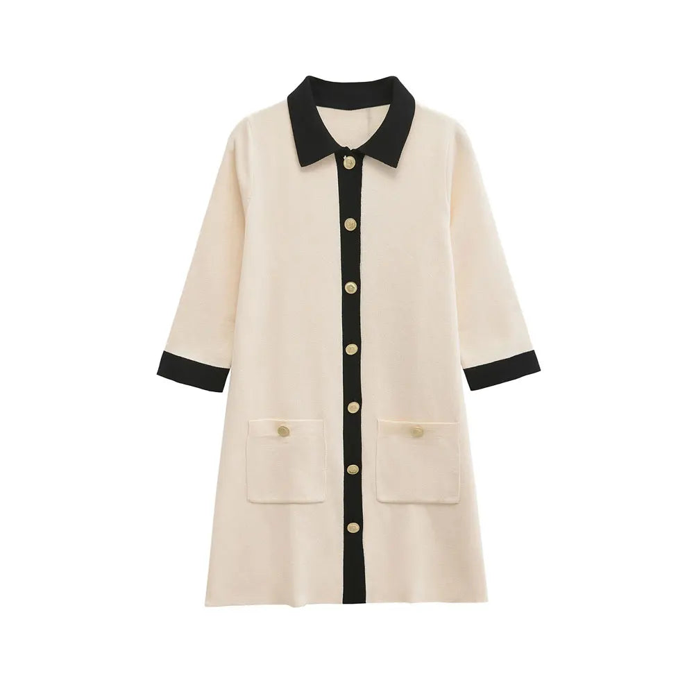 Knitted Mini Dress With Pockets And Golden Buttons For Women