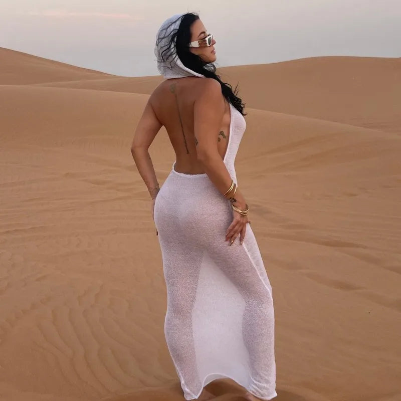 Sleeveless Hooded Dress Slimming Swing Neck Solid Color Long