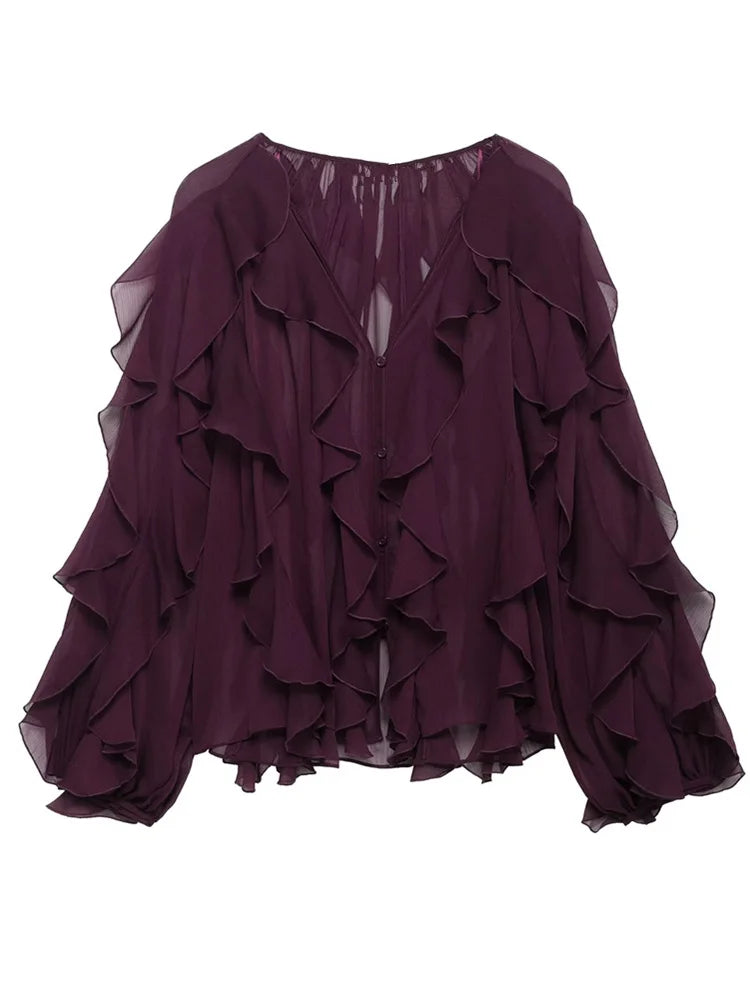 Women's Burgundy Ruffle Layer Casual Blouse Long Sleeve Loose Fit Button-Front Shirt High Street Fashion Top