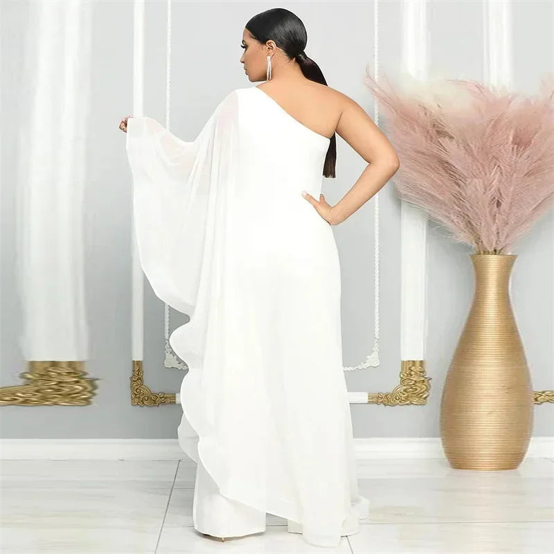 Elegant Chiffon One Shoulder Wide Leg Jumpsuit for Women Evening Party Birthday Romper Overalls Stylish One Piece Combinaison Femme