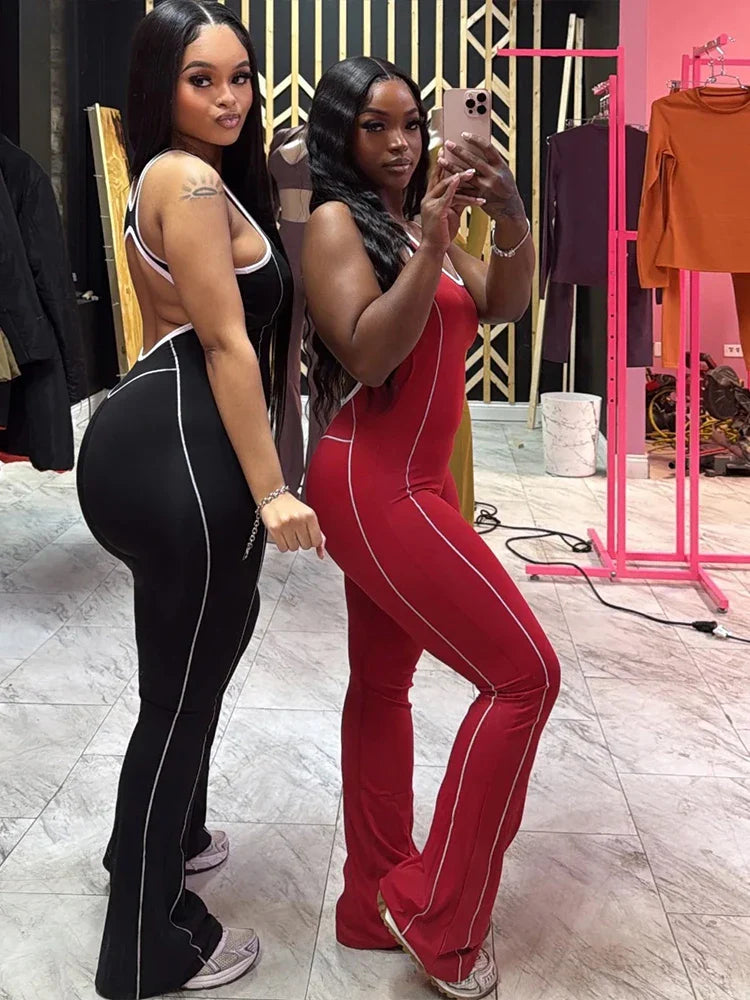 Casual Stripe Panelled Sleeveless Jumpsuit For Women U-Neck Stretch Backless One Piece Active Summer Overalls