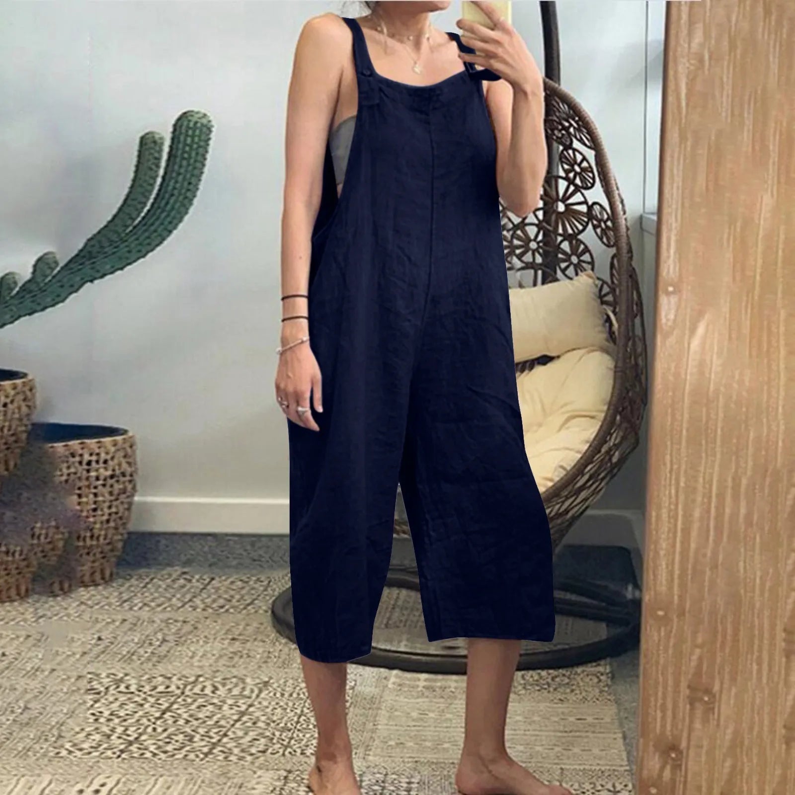 Solid Color Women Loose Cotton Linen Sleeveless Harem Jumpsuit Wide Leg Overalls Vintage Style Casual Romper Pants