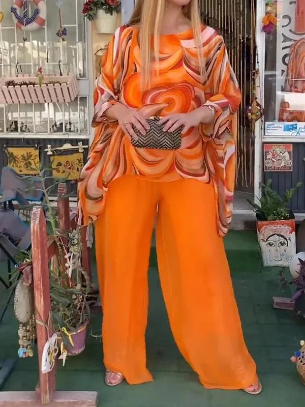 Colorful Chiffon Two Piece Set with Irregular Top and Wide Leg Pants for Women