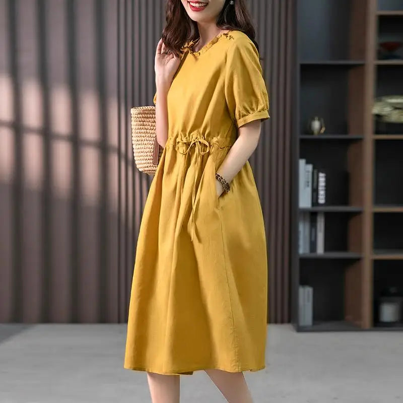 Korean Style Ruffle Midi Sundress With Belt And Pockets