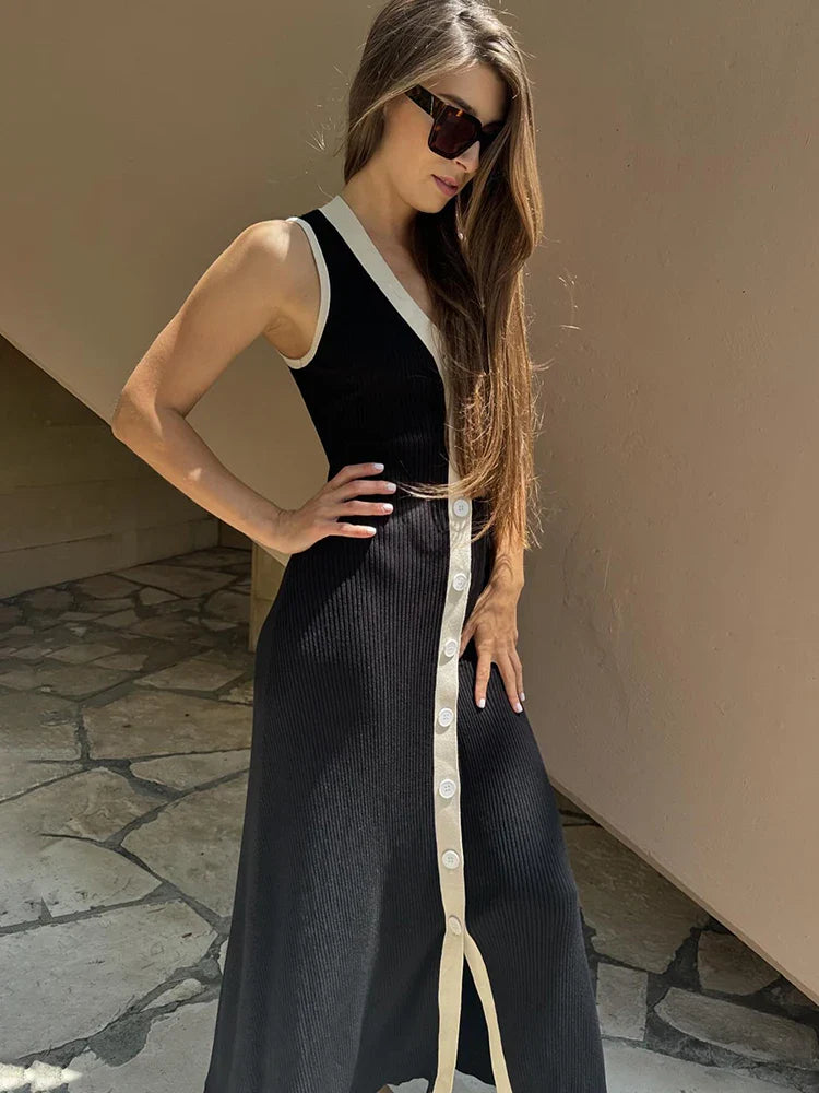 Sleeveless Ribbed Knit Dress V Neck Bodycon Long Dress