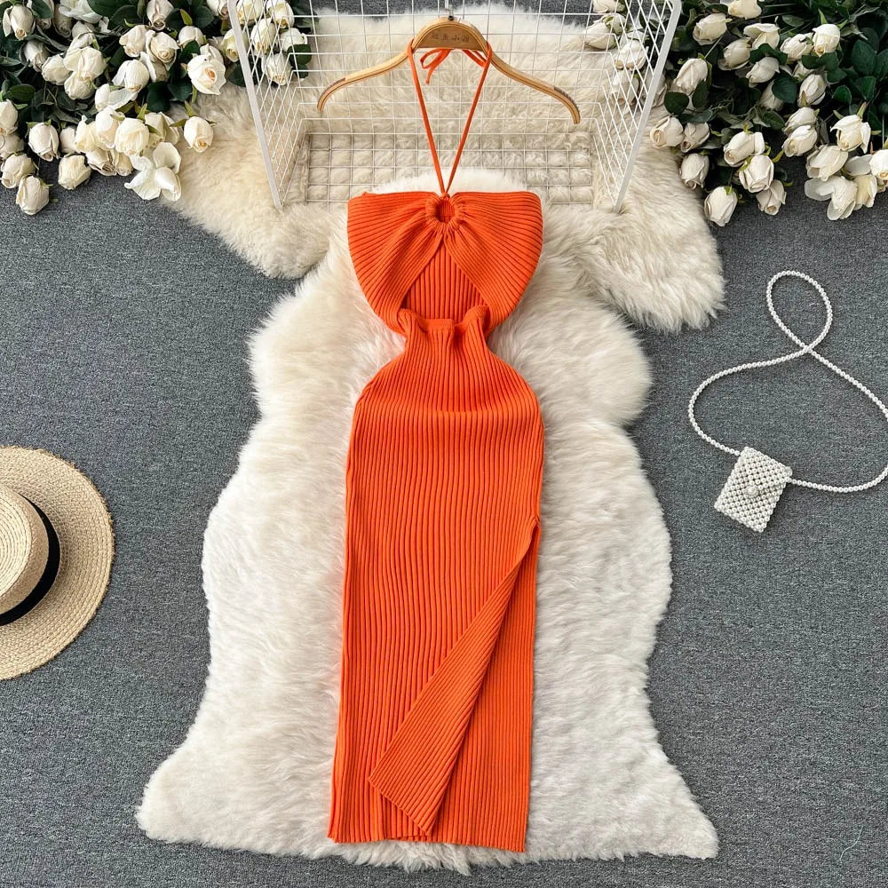 Sexy Knitted Bodycon Dress Women Split Design Party