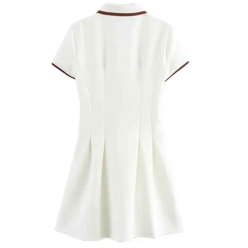 White Pleated Polo Shirt Dress With Short Sleeves Casual