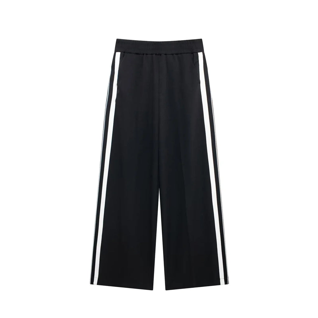 Women Casual Sports Suit with Side Stripe Long Sleeve Zipper Jacket and Wide Leg Pants
