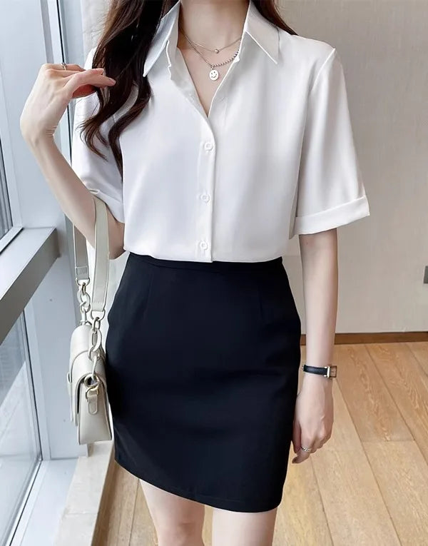 Women's Summer Short Sleeve V-Neck Chiffon Blouse Loose Fit Casual Office Pullover Shirt