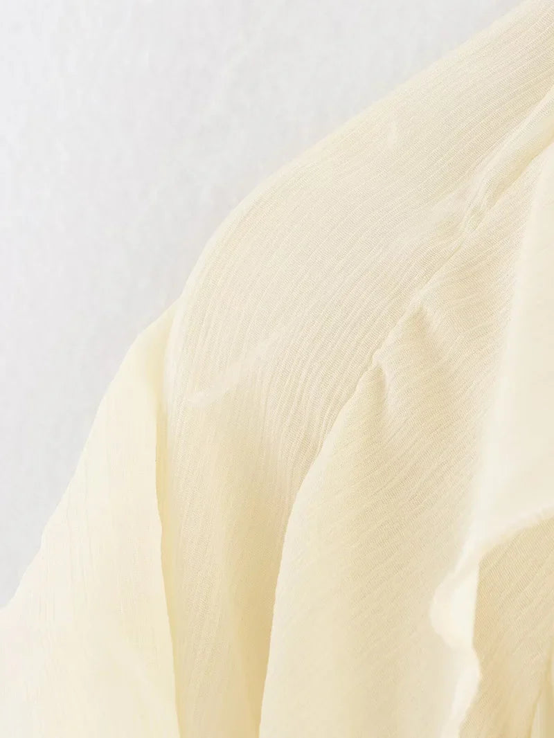 Women's Semi-Transparent V-Neck Tiered Decoration Long Sleeve Casual Shirt Blouse Top