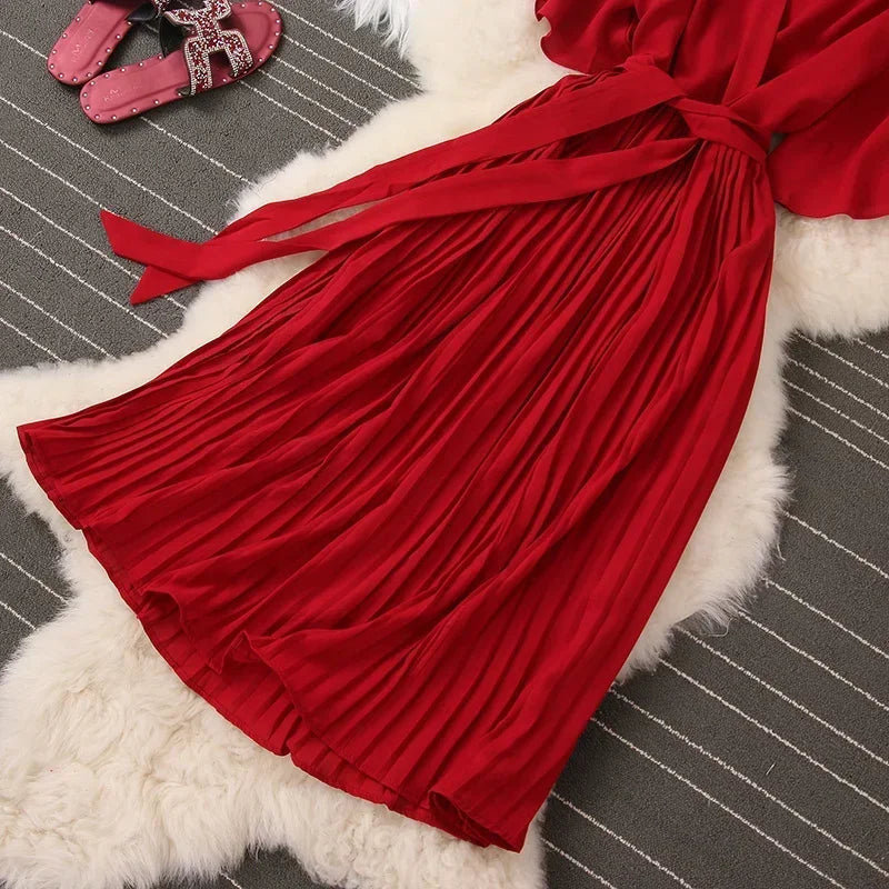 Chiffon Pleated Lace Up V Neck Dress For Women Summer