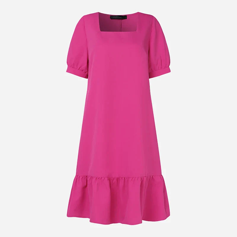 Knee Length Puff Sleeve Dress Women Casual A Line Style