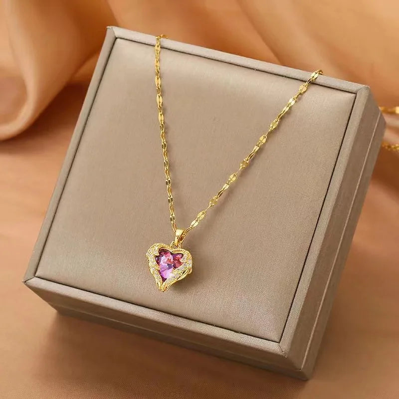 Luxury Colorful Crystal Ocean Heart Pendant Necklace for Women Stainless Steel Jewelry
