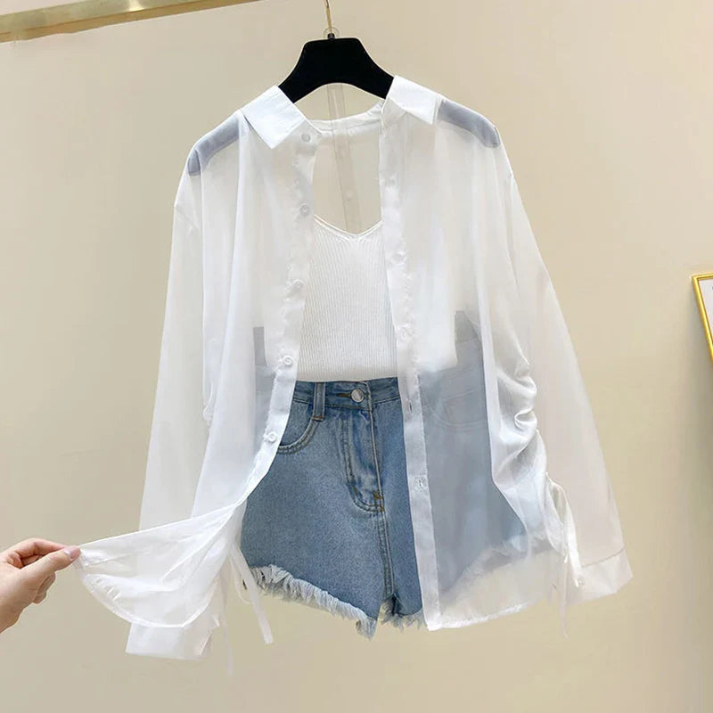 Women's Drawstring Long Sleeve White Sunscreen Shirt Lightweight Summer Chiffon Blouse Plus Size Casual Tops