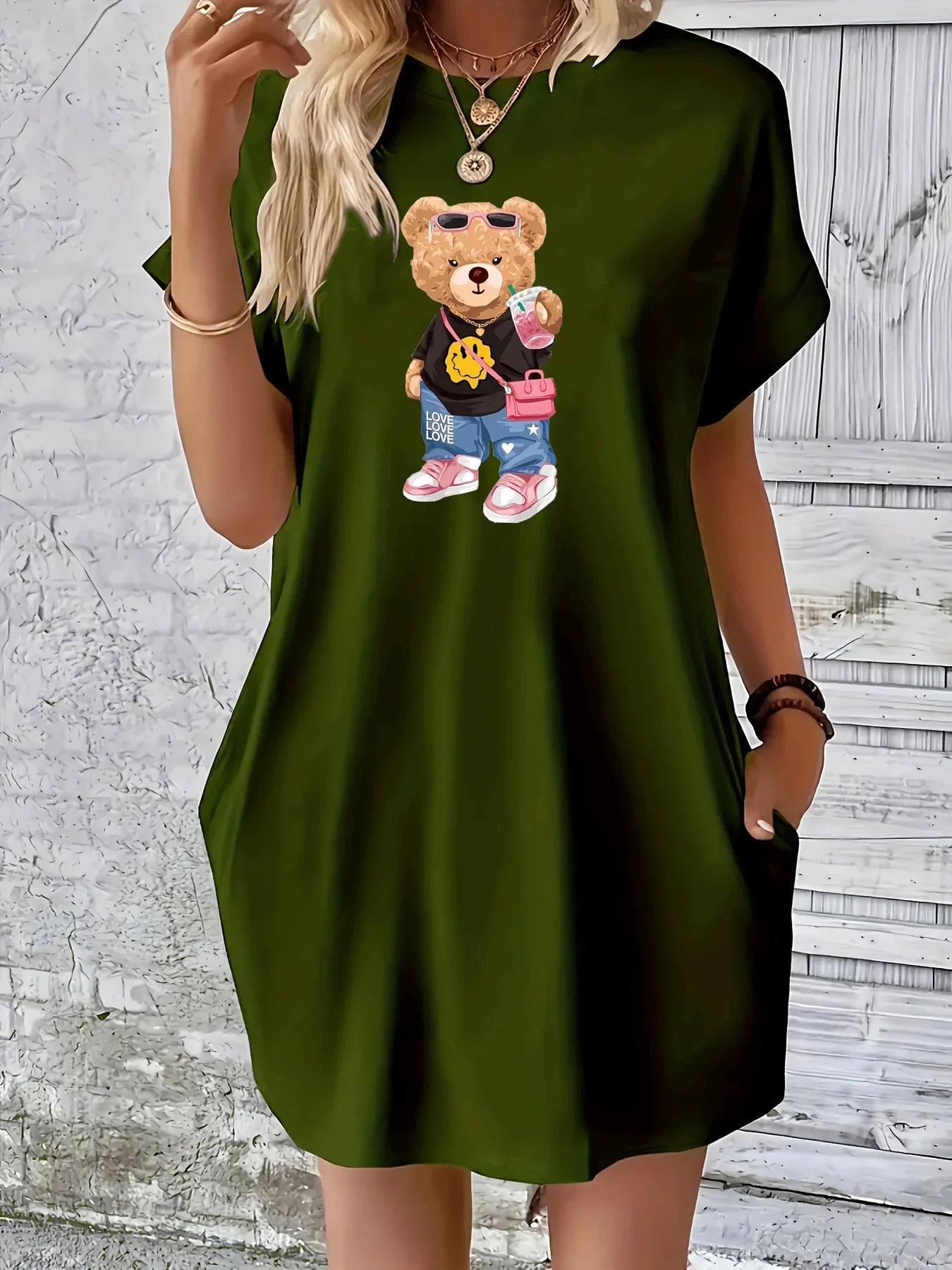 Plus Size Women's Summer Round Neck Bear Print Dress