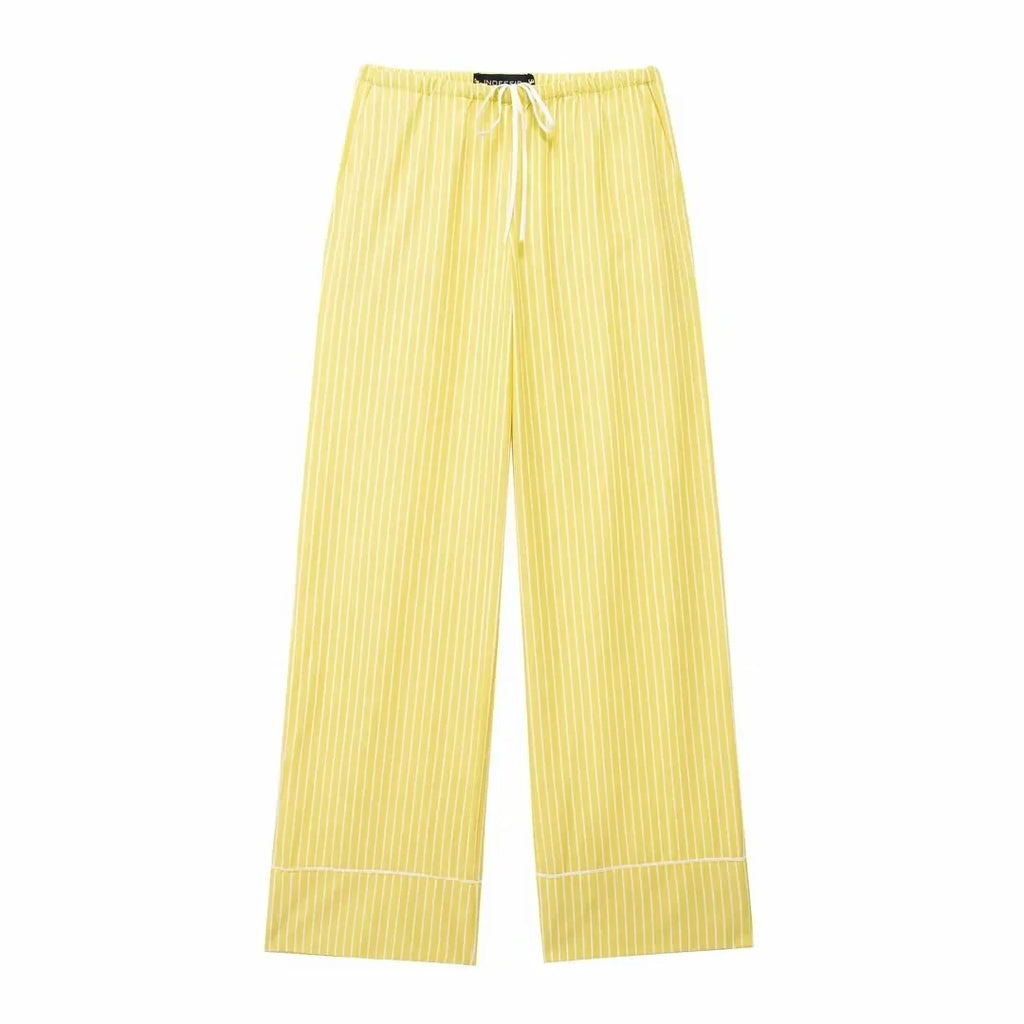 Stylish Women's Yellow Striped High Waist Drawstring Casual Trousers Cozy Loose Long Pants