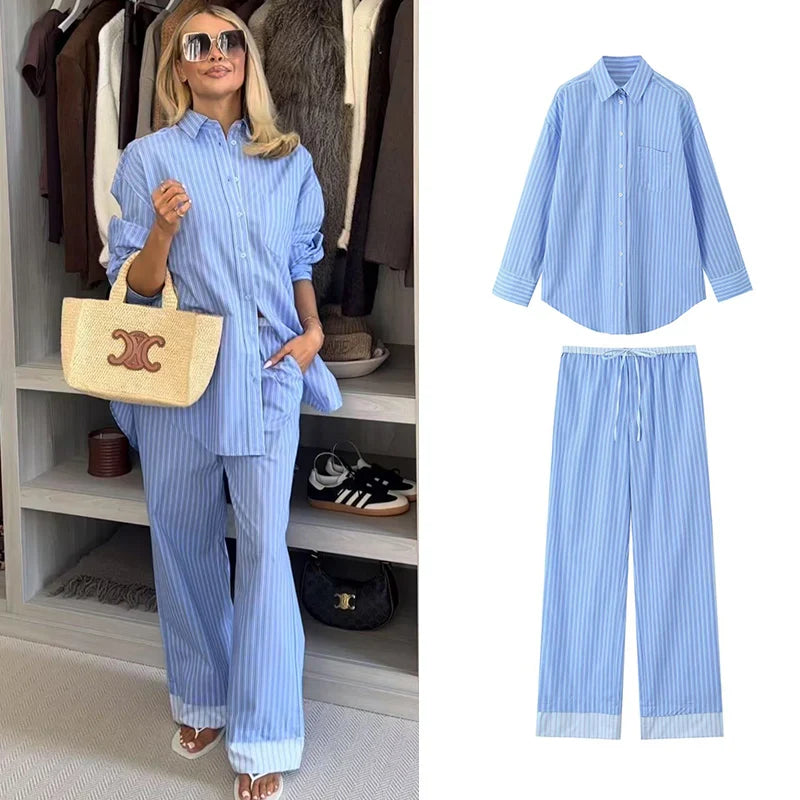 Fashionable Stripe Shirt and Wide Leg Pants Set for Women Casual Spring Outfit