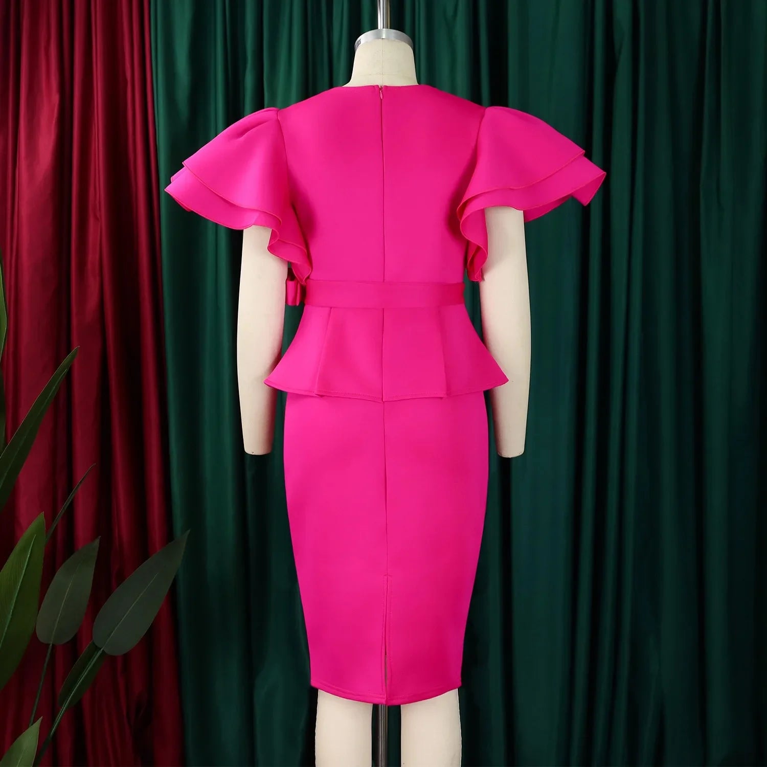 V Neck Bodycon Midi Dress With Ruffle Sleeves For Women