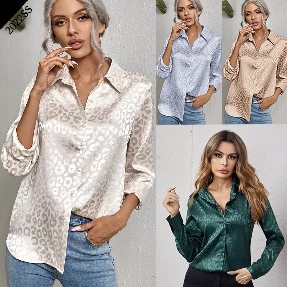 Elegant Long Sleeve Leopard Jacquard Blouse for Women with Turn Down Collar and Button Front Office Shirt Autumn Spring Fashion Top