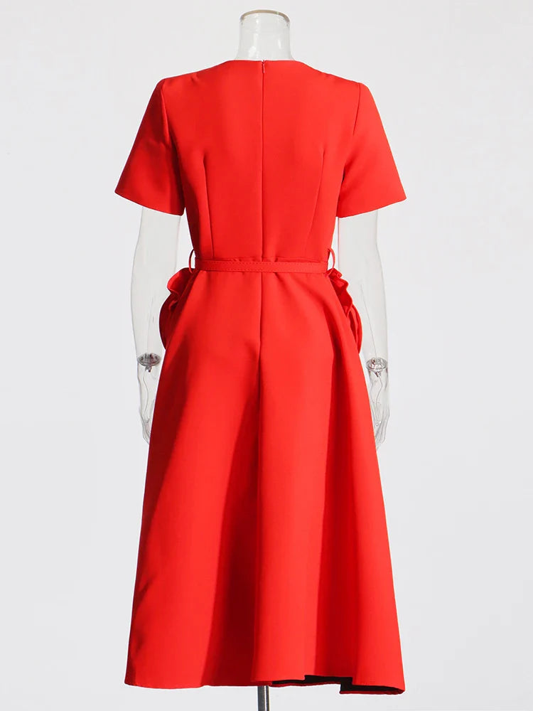 Hollow Out Patchwork Dress For Women V Neck Long Belted