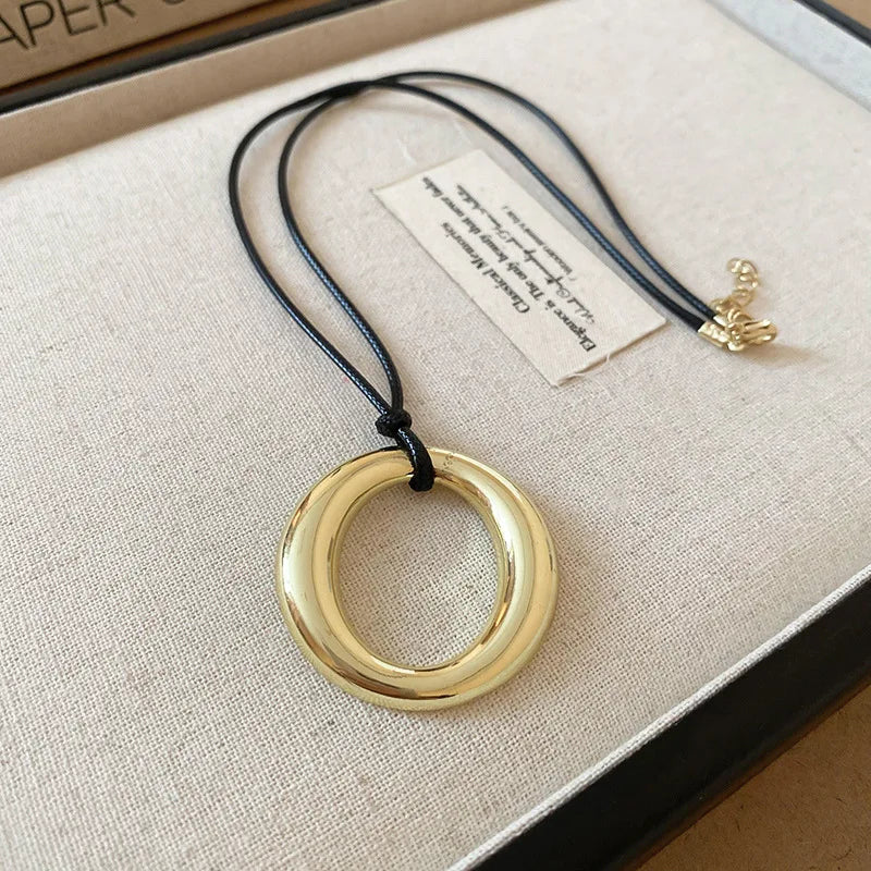 Punk Large U-Shape Geometric Pendant Necklace for Men and Women Adjustable Leather Rope Sweater Chain Jewelry