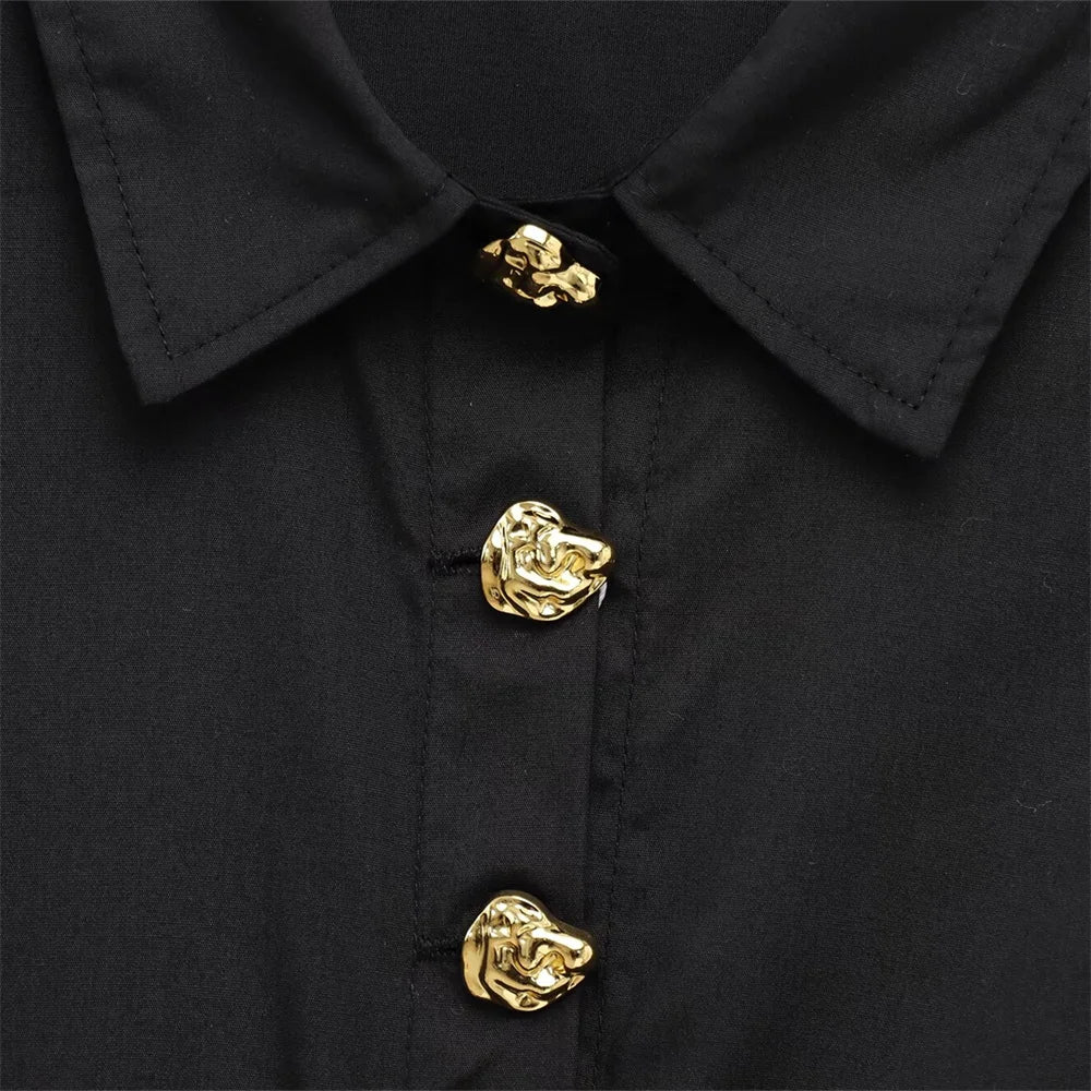 Solid Color Casual Collar Long Sleeve Poplin Shirt for Women with Gold Buckle Accent and Loose Fit