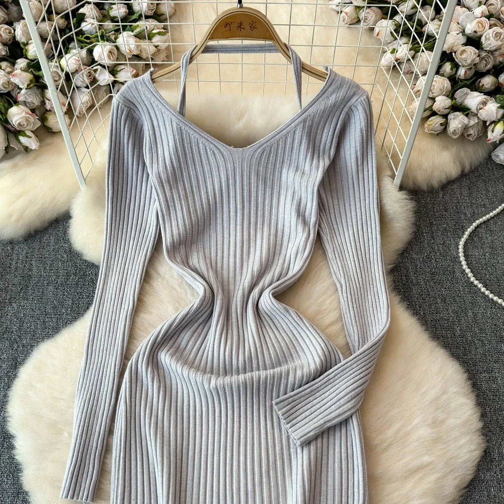 White Long Sleeve V Neck Lace Up Elegant Dress For Women