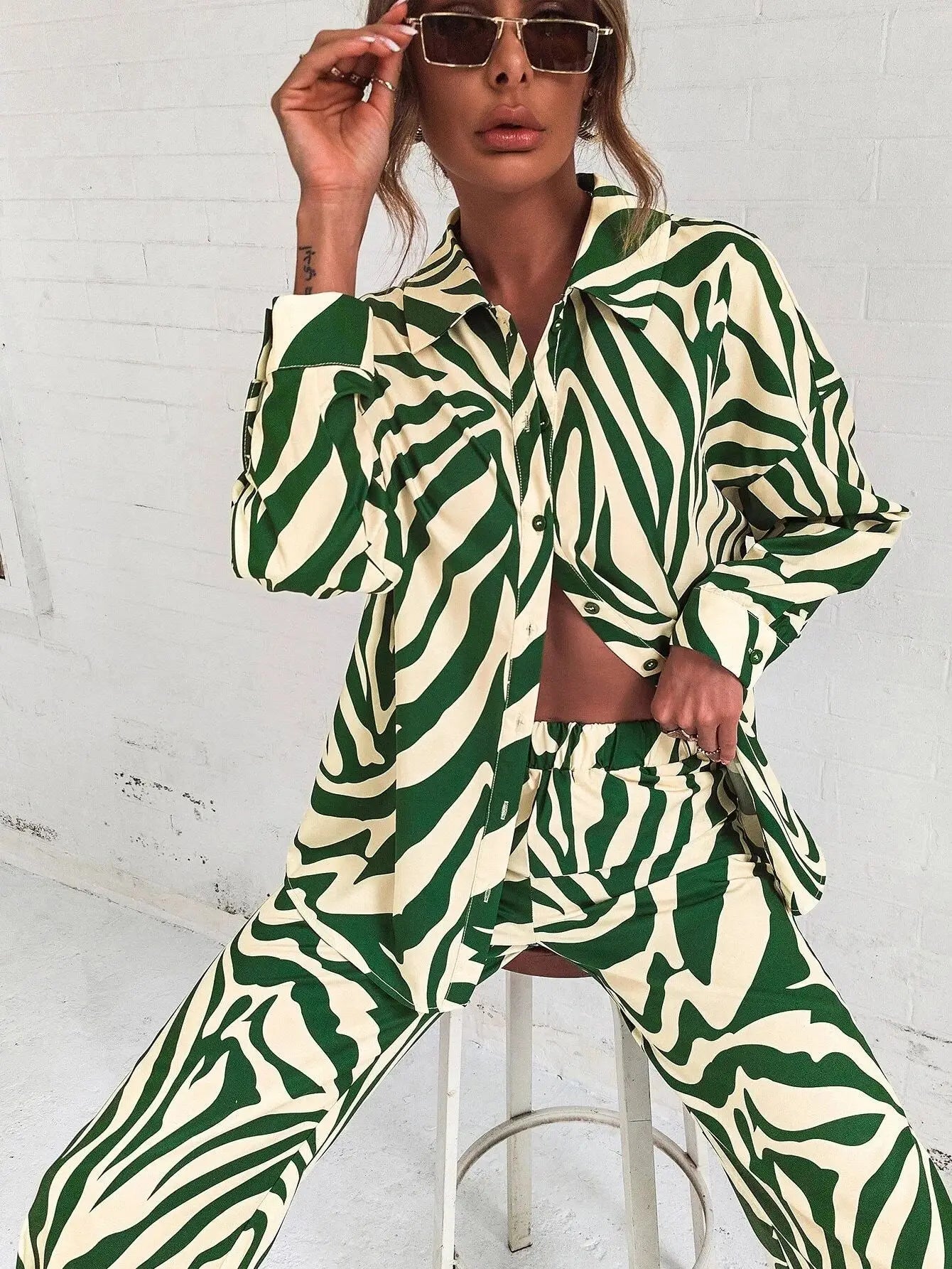 Trendy Print Off Shoulder Shirt and Trouser Set with Long Sleeve Design