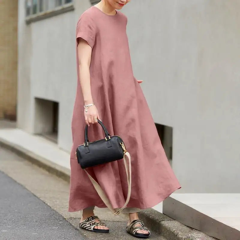 Summer Maxi Dress Women O Neck Short Sleeve Sundress A Line