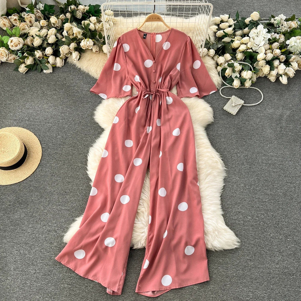 Women Wide Leg Polka Dot Jumpsuit with V Neck Dolman Sleeves and Slim Waist Design