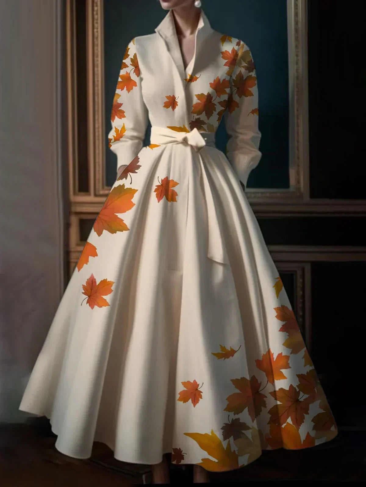 Elegant Pleated A Line Belt Dress With Leaf Print Pattern