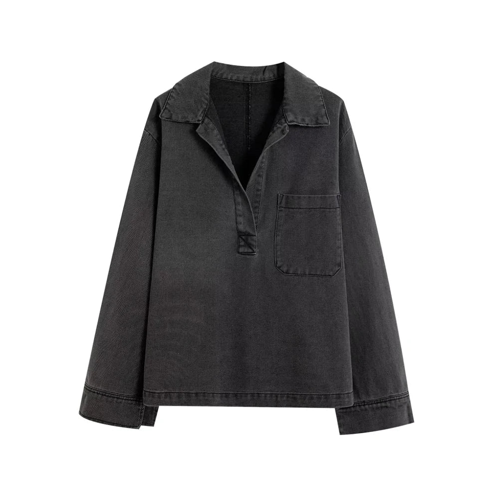 Women's Denim Loose Shirt with Pockets and High Elastic Waist Wide Leg Pants Two Piece Set