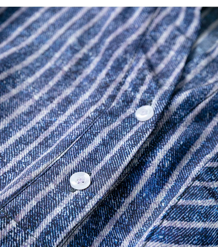 Women 100 Percent Mulberry Crepe Silk Shirt Blue Jeans Stripe Printed Three Quarter Sleeve Pullover Blouse Elegant Office Top in M L XL