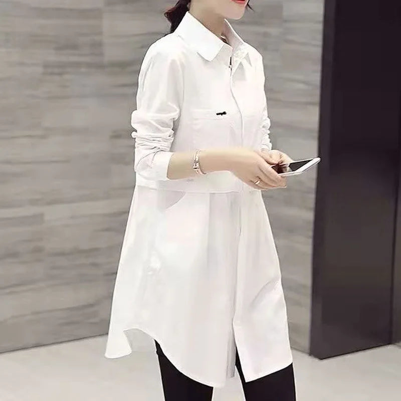 Mid-Length White Polo-Neck Shirt for Women Lightweight Stylish Spring Summer Blouse Elegant Korean-Inspired Fashion